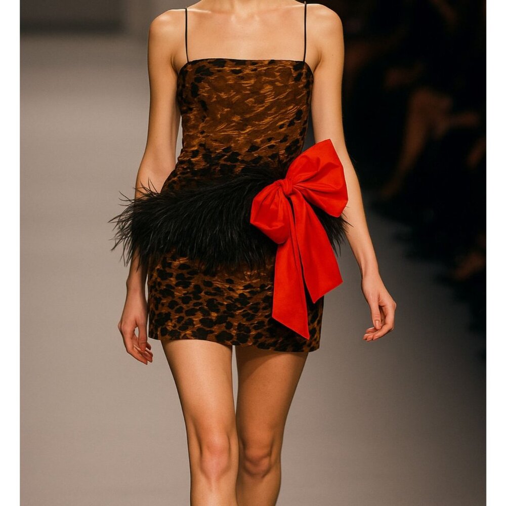 Vintage 90s Silk Animal Print Mini Dress Sculptural Taffeta Bow&Feather Trim 4